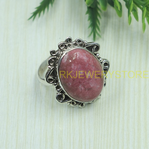 Natural Pink Rhodonite Gemstone <b>Ring</b> 925 Sterling Silver Handmade Vintage Oval Cabochon Gemstone <b>Boho</b> Statement Jewelry Gift him - Product Image 2