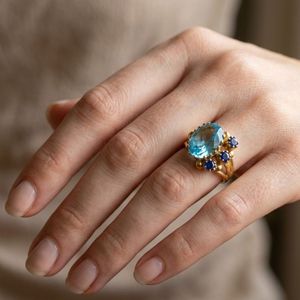 Anillo Clásico de Plata de Ley 925 Chapado en Oro con Topacio Azul y Cianita para Mujer, Joyería para Bodas - Product Image 5