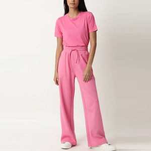 Pink Wide Leg Sweatpants <b>Elastic</b> Waist Drawstring Casual Women Custom Pants Spring Knitted Breathable Midweight Side Pockets - Product Image 1