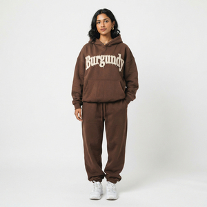 Survêtement d'hiver pour femmes, deux pièces, à capuche, avec broderie effet vieilli, 100% polyester polaire, poids moyen, coupe ample et oversize - Product Image 6