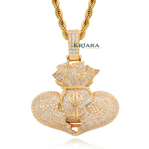 925 Silver Gold Plated Heart Money Bag Pendant With Lab Grown Diamond Inlay Hiphop Charm For <b>Men</b> Everyday Wear - Product Image 3
