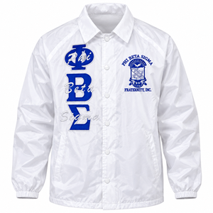 เสื้อแจ็คเก็ตโค้ชสีขาวสำหรับผู้ชาย ลายปักอักษรกรีกสีน้ำเงินเข้ม ของสมาคมฟิ เบต้า ซิกมา ติดกระดุมแป๊กด้านหน้า แขนยาว - Product Image 3