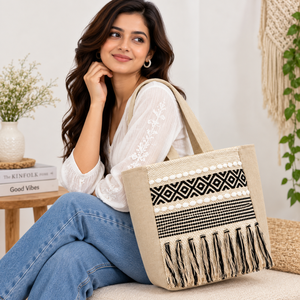 Bohemian Canvas Tote Bag With Geometric Pattern And Tassels For Beach Summer Use - Product Image 2