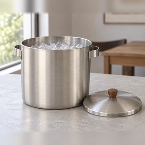 Stainless Steel <b>Ice</b> <b>Bucket</b> <b>with</b> <b>Lid</b> and Wood Knob Brushed SS304 <b>Ice</b> Container <b>with</b> Handles Bar Accessory - Product Image 1