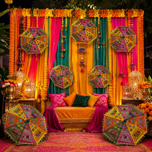 Magnifique parapluie décoratif pliable à motif Rajasthani, conçu à la main, avec poignée en alliage, idéal pour les mariages et les cadeaux de retour d'Inde. - Product Image 3