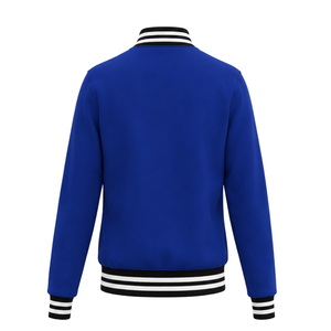 Veste universitaire bleu roi avec lettres grecques dorées, bordures rayées, écusson brodé, boutons-pression, style baseball universitaire - Product Image 6