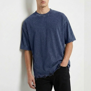 T-shirt en coton lavé surdimensionné à manches courtes, col rond, couleur unie, coupe décontractée pour homme, longueur standard, écologique, anti-plis - Product Image 5