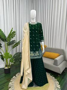 Ensemble Sharara en velours de viscose orné, Salwar Kameez avec Dupatta, vert, tenue de fête ethnique pour femmes - Product Image 1