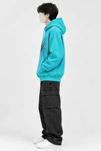 Sweat-shirt à capuche turquoise pour homme, décontracté, avec poche avant, imprimé toile d'araignée noire, 100% coton, coupe ample - Product Image 4