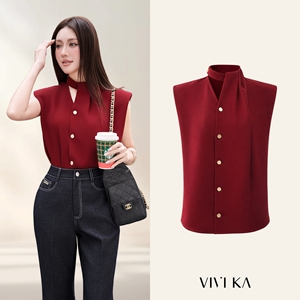 Blusa Roja sin Mangas para Mujer, Cuello Mandarín, Botones al Frente, Satén Elegante, para Oficina, Color Sólido, Corte Regular, MIRANDA - Product Image 1