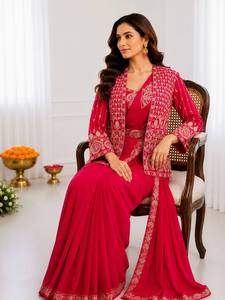 <b>Red</b> Embroidered Indian Pakistani Salwar Kameez Set Heavy Crep Silk Floor-Length Long Sleeve Jacket Pleated Skirt Formal Diwali - Product Image 5