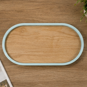 Minimalist Wooden <b>Storage</b> Tray Oval Shape Light Blue Rim Natural Wood Top Indoor <b>Tabletop</b> Kitchen Decor Multi Functional - Product Image 6