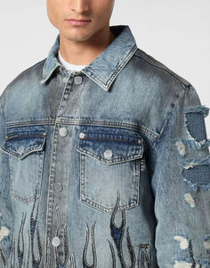 Chaqueta vaquera para hombre estilo streetwear con cuello vuelto, desgastada, bordado de llamas, lavada, manga regular - Product Image 2