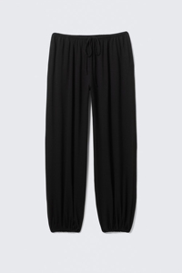 Pantalon large en maille noire pour femme, coupe ample, taille élastique avec cordon de serrage, décontracté, printemps, couleur unie, coton et élasthanne - Product Image 4