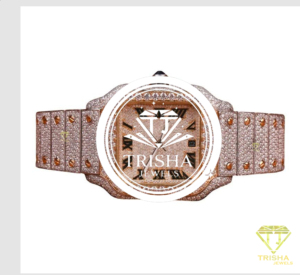 Montre de mode exclusive en or rose avec cadran à chiffres romains et détails en diamants Moissanite étincelants - Product Image 1