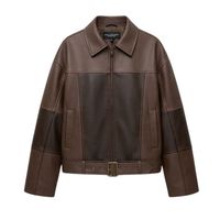 Veste en cuir PU marron vieilli personnalisée pour femme, style rétro, col pointu, fermeture éclair sur le devant, streetwear héritage