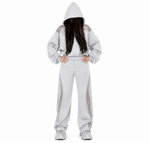 High Quality 100% Cotton Mesh Panel Oversize Hooded Sweatshirt Sweatpants <b>Set</b> Women Casual Streetwear Rhinestone Winter OEM ODM - Product Image 4