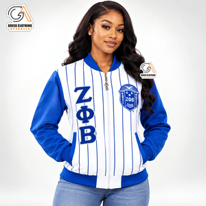 Veste universitaire pour femmes Zeta Phi Beta Sorority, rayée bleu et blanc, manches longues, fermeture éclair sur le devant, coupe classique - Product Image 1