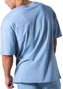 T-shirt décontracté surdimensionné pour homme en coton 100% respirant, bleu clair, à blocs de couleur diagonaux, col rond, manches courtes, effet délavé, avec imprimé lettres - Product Image 4