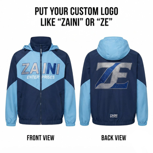 Veste coupe-vent en polyester de qualité supérieure Zaini Enterprises, 100 GSM, bleu marine/bleu ciel, à capuche, imperméable à l'avant - Product Image 1