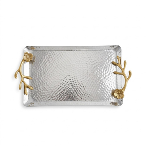 Elegant Hammered Stainless Steel <b>Serving</b> <b>Tray</b> With <b>Gold</b> Floral Branch Handles Top Quality Rectangular Metal Decorative Food <b>Tray</b> - Product Image 4