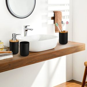 Set di Accessori per Bagno in Plastica e Bambù, 6 Pezzi, Set Portaspazzolino Salvaspazio per Piccoli Ambienti - Product Image 3