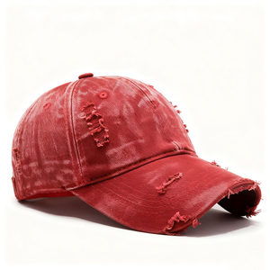 Gorra Snapback Roja de 6 Paneles con Diseño Desgastado y Rasgado, Unisex, Casual, para Adultos, Primavera/Verano, Color Sólido, Ajustable - Product Image 1