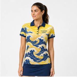 Polo à manches courtes pour femme avec logo personnalisé, motif vague océanique jaune et bleue, séchage rapide, sublimation, vêtements de sport de golf - Product Image 2