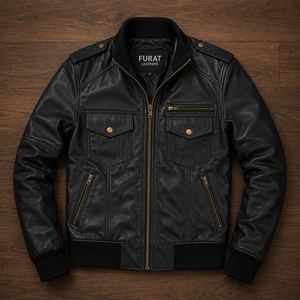 Chaqueta Bomber de Cuero Negro para Hombre, Marca Agent Shadow, Cuello Alto, Cierre de Cremallera, Transpirable, Estilo Vintage, Corte Regular, Otoño - Product Image 1