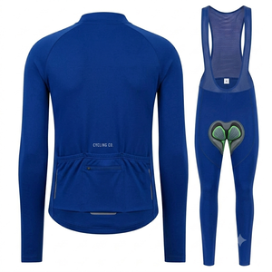 Conjunto de ciclismo azul personalizado para hombre, con cremallera completa, térmico, para carreras de bicicleta, pantalones con tirantes elásticos en cuatro direcciones, conjunto de ciclismo de manga larga para adultos - Product Image 2