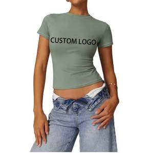 Camiseta Deportiva de Yoga Personalizada al por Mayor de Alta Calidad, Top Corto de Algodón y Elastano, Camiseta con Estampado y Bordado, Ropa para Mujer - Product Image 1