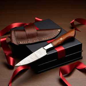 Cuchillo de caza y camping mini hecho a mano con mango de madera, logotipo personalizado OEM, funda de cuero, hoja recta de acero de Damasco - Product Image 1