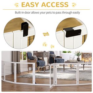 White 6-Panel Folding Wooden Pet Gate for Small Medium <b>Dogs</b> Solid Pattern Safety Barrier Support Feet <b>Button</b> for Indoor Use - Product Image 4