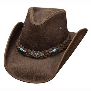 Chapeau de cowboy en cuir marron orné de perles turquoise, style western, avec bande tressée, large bord, accessoire de mode ranch - Product Image 1