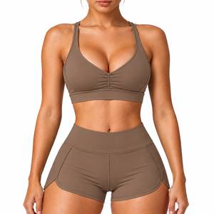 Ensemble soutien-gorge et short amincissant bicolore à col en V, taille haute, respirant, élastique et extensible dans quatre directions, avec LOGO personnalisé pour femme - Product Image 1