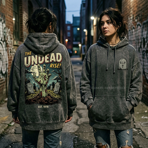 Sudadera con capucha y cremallera completa para mujer, personalizada, con lavado ácido, estilo vintage, efecto desgastado por el sol, oversize, con estampado gráfico 'Zombie Warning' y efecto desgastado - Product Image 4