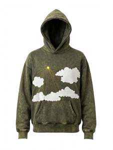 Sudadera con capucha lavada de algodón grueso con logotipo personalizado bordado al por mayor, gráfico de sol y nubes, estilo urbano oversize para hombre - Product Image 1