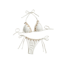 Ensemble de bikini 2 pièces brodé à la main, perlé, de haute qualité, respirant, en Spandex/Coton, avec col halter et motif tropical plage, coupe ajustée