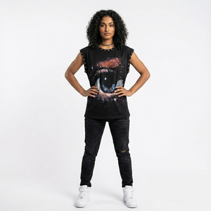 Débardeur en coton épais personnalisé avec motif œil cosmique clouté, délavé vintage, épaules tombantes, sans manches, style streetwear - Product Image 3