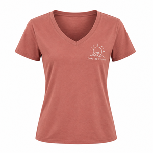 T-shirt pour femme à col en V, couleur unie, manches courtes, coton, décontracté, respirant, logo imprimé, coupe classique, printemps-été - Product Image 2