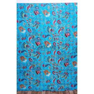 Couvre-lit indien vintage Gudri imprimé au bloc et au kantha, motif poisson, bleu indigo, par le fabricant - Product Image 1