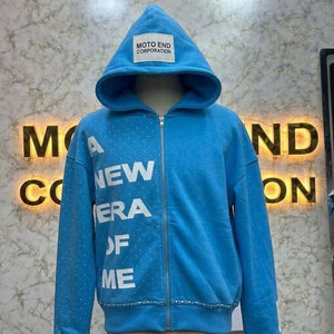 Sudadera con capucha azul de manga larga con cremallera para hombre, con estampado de letras de diamantes de imitación, estilo urbano - Product Image 1