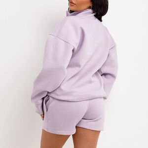 Conjunto de Sudadera Lavanda de Talla Grande para Mujer con Cierre de Cremallera, Color Sólido, Ajuste Holgado Informal, Manga Larga y Pantalones Cortos para Primavera - Product Image 2