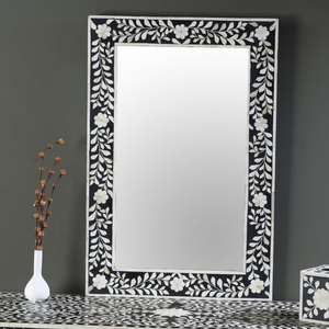 Miroir mural rectangulaire fait main en os incrusté, design floral noir et blanc, miroir décoratif traditionnel encadré - Product Image 1