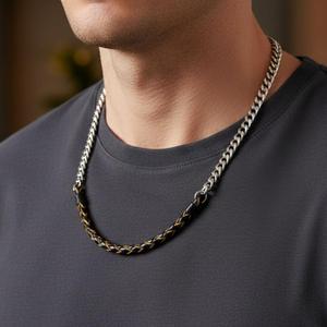 Pure <b>Titanium</b> Steel Gold Plated <b>Chain</b> with Black and Light Brown Beaded Rope Necklace for Men and Boys-17 Inch - Product Image 1