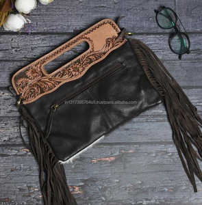 Hot Selling Women's Vintage Western Style Genuine Leather Handmade Purse Casual <b>Square</b> Pattern Tassel Zipper Feathers Daily Use - Product Image 3