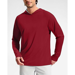 เสื้อตกปลาผู้ชายสีแดงแขนยาวมีฮู้ด UPF 50 แห้งเร็ว สีพื้น แบบสวมหัว - Product Image 1