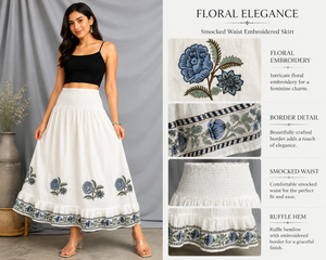 Handblock Print White Cotton <b>Skirt</b> Smocked <b>Elastic</b> Waist Midi <b>Skirt</b> Indian Traditional Floral Butta Ruffled Bottom Frill <b>Skirt</b> w - Product Image 4
