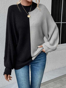 Women's Asymmetric Color Block Knitted Pullover Crew Neck Long Sleeve Batwing Sweater Anti-Pilling Autumn Wear - Product Image 1