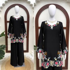 Black Embroidered Muslim <b>Dress</b> <b>Long</b> Sleeve Abaya Set Floral Hijab Outfit Traditional Women Apparel - Product Image 4